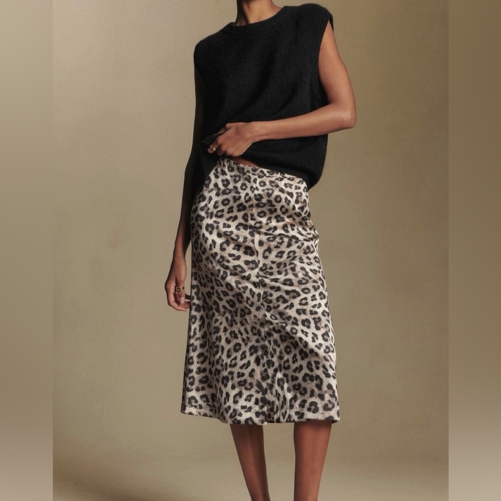 Leopard Print Satin Midi Skirt - Neutral